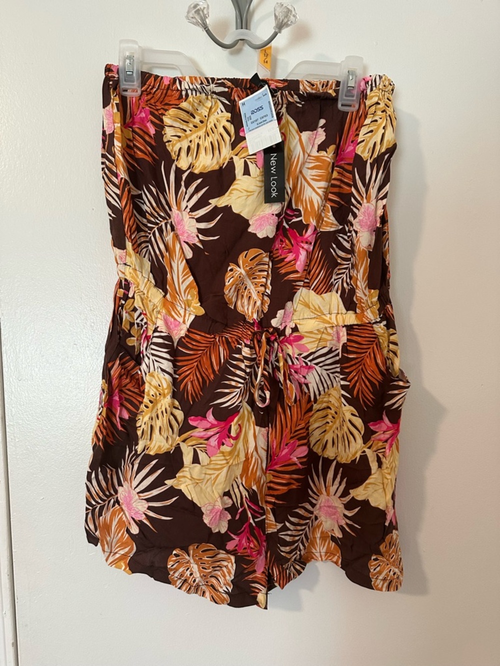 New Look Brown Tropical Strapless Romper with Yellow & Pink Accents